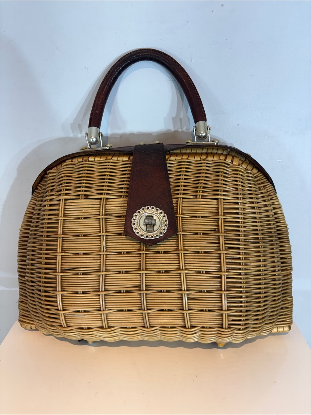 Goldco Vintage Wicker Top Handle Handbag Leather Trim Hong Kong Basket Purse